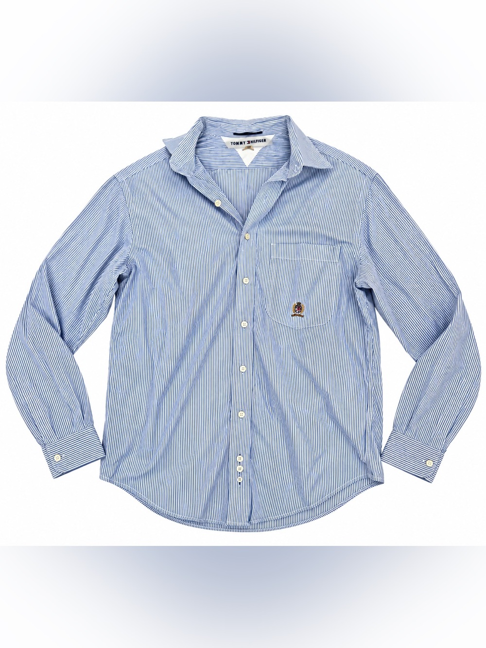 Vintage Tommy Hilfiger Men’s 16.5 35 Blue White Striped Crest Dress Shirt Cotton